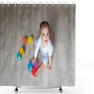 Personality  Baby Is Playing With Blocks. A Little Boy In White Bodysuit At Home. Beautiful Portrait Of A Toddler. Big-eyed Baby. Remote Education. Distance Learninig Shower Curtains