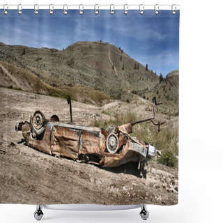 Personality  Crashed, Rusty Car In Desert. Photo Taken Near Kamloops, British Columbia, Canada (North America). Shower Curtains