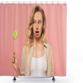 Personality  Exited Woman Looking At Lollipop Isolated On Pink Shower Curtains