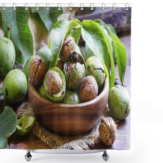 Personality  Fresh Walnuts In A Green Shell With Leaves Shower Curtains