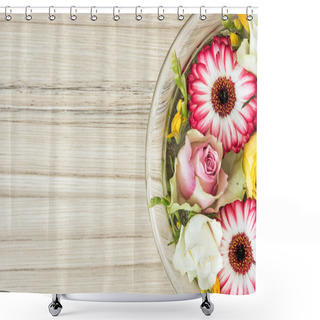 Personality  Arangement With Roses And Gerberas Flowers In The Glass Bowl Wit Shower Curtains