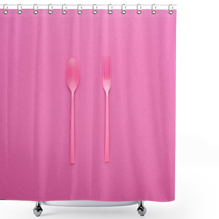 Personality  Pink Plastic Spoon And Fork Isolated On Pink Shower Curtains