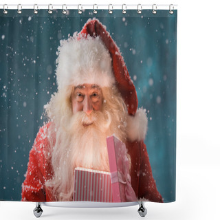 Personality  Happy Santa Claus Opening His Christmas Gift At North Pole Shower Curtains