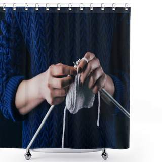 Personality  Cropped View Of Woman Knitting White Wool With Needles Shower Curtains