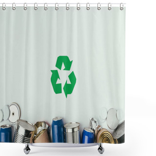 Personality  Flat Lay With Different Cans And Recycle Sign Isolated On Grey Shower Curtains