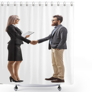 Personality  Full Length Profile Shot Of A Businesswoman Shaking Hands With A Bearded Man Isolated On White Background Shower Curtains