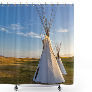 Personality  Two Teepees Representative Of Those Used By The Blackfeet Indians On The Great Plains Of Montana, USA. Shower Curtains