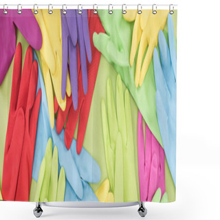 Personality  Panoramic Shot Of Scattered Multicolored Rubber Gloves On Green Background Shower Curtains