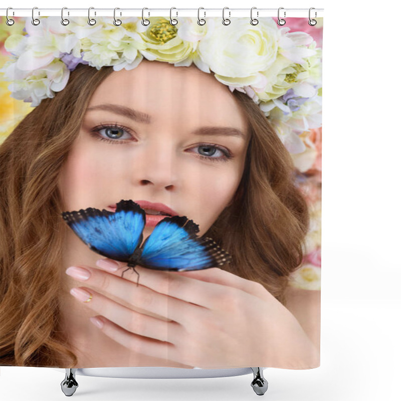 Personality  Close-up Portrait Of Sensual Young Woman In Floral Wreath With Butterfly On Hand Shower Curtains