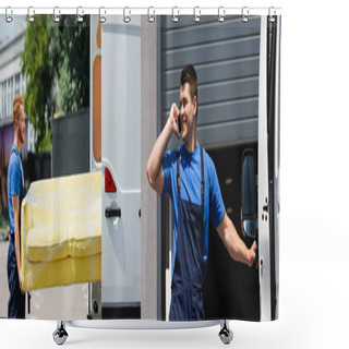 Personality  Collage Of Loaders Holding Couch And Talking On Smartphone Near Truck On Urban Street  Shower Curtains