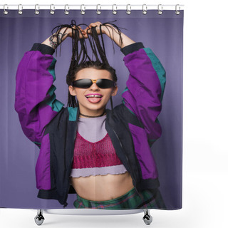 Personality  Young Woman In Vintage Jacket And Sunglasses Holding Braids And Sticking Out Tongue Isolated On Purple Shower Curtains