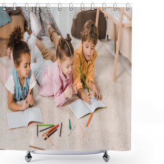 Personality  High Angle View Of Adorable Multiethnic Children Lying On Carpet And Studying Together   Shower Curtains