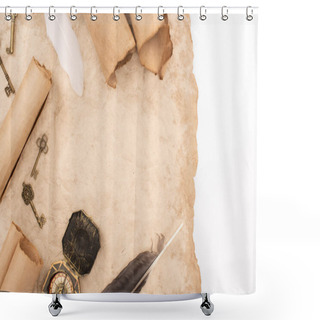 Personality  Top View Of Feathers, Vintage Keys And Compass On Aged Paper Isolated On White Shower Curtains