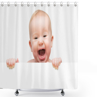 Personality  Funny Cute Baby With White Blank Banner Isolated Shower Curtains