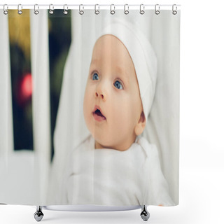 Personality  Close-up Portrait Of Adorable Little Baby In White Hat Looking Away Shower Curtains