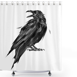 Personality  Drawn Sitting Bird Raven On White Background Shower Curtains