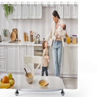 Personality  Caring Jolly Mother In Housewear Spending Time With Her Toddler And Newborn Sons During Breakfast Shower Curtains