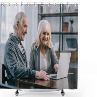 Personality  Smiling Senior Couple Sitting At Table And Using Laptop At Home Shower Curtains