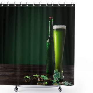 Personality  Glass Bottle And Glass Of Green Beer With Coins On Wooden Table, St Patricks Day Concept Shower Curtains