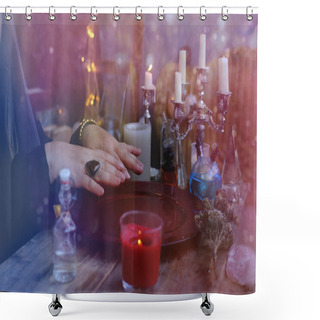 Personality  Ed Dish With Water, Candle Lights In Dark Room Of Future Fortuneteller, Esoteric Oracle, Session Of Magic, Divination For The Future, Activity At Halloween Party, Prophecies From The World Of Spirits Shower Curtains