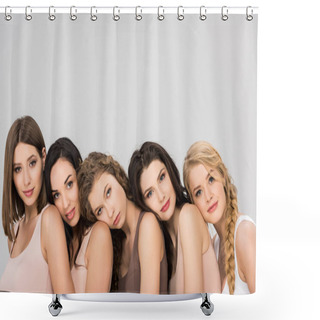 Personality  Beautiful Young Women Putting Heads On Shoulders Of Each Other Isolated On Grey  Shower Curtains