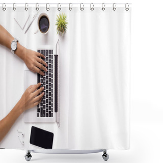 Personality  Woman Typing On Laptop On Clean White Office Table With Plant Shower Curtains