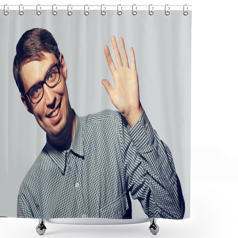 Personality  Funny Young Man Wearing Glasses Say Hello Shower Curtains