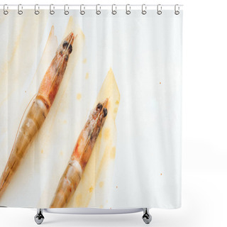 Personality  Top View Of Raw Shrimps On White Surface With Watercolor Strokes Shower Curtains