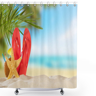 Personality  Tropical Beach With Accessories On Sand, Summer Holiday Backgrou Shower Curtains