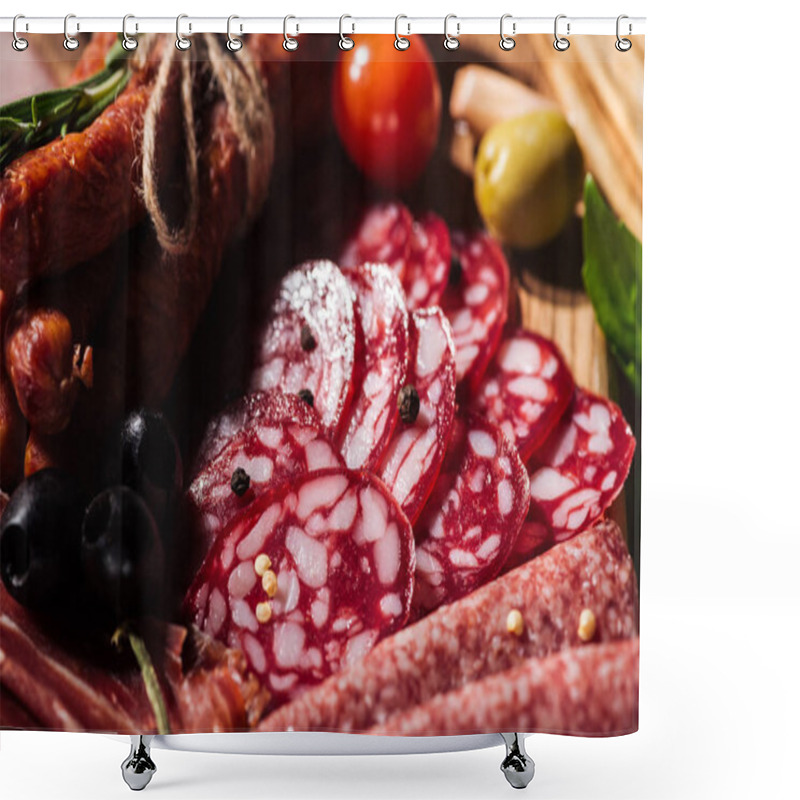 Personality  Close Up View Of Delicious Sliced Salami With Vegetables And Spices On Wooden Cutting Board Shower Curtains