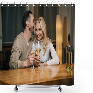 Personality  Handsome Mature Man Whispering Something To Smiling Woman While Drinking Wine In Hotel Restaurant Shower Curtains