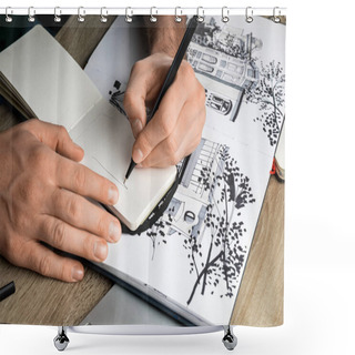 Personality  Selective Focus Of Mans Hands Drawing In Notebook On Wooden Table Next To Album Shower Curtains