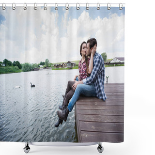 Personality  Young Couple Sitting On Wooden Pier Shower Curtains
