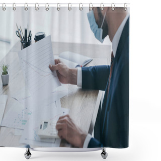 Personality  Cropped View Of Businessman In Medical Mask Working With Documents At Workplace Shower Curtains