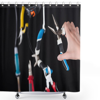 Personality  Cropped View Of Man Holding Pliers With Levitating In Air Tools Isolated On Black Shower Curtains