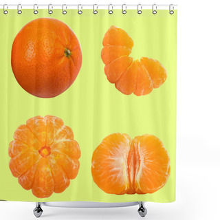 Personality  Set Of Fresh Whole And Cut Mandarin, Tangerine And Slices Isolated On Yellow Background. From Top View Shower Curtains