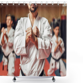 Personality  Martial Arts Karate Master And Disciples In White Uniform And Black Belts, Fight Training In Gym Shower Curtains