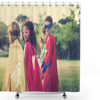 Personality  Children In Superhero Costumes In The Park Shower Curtains