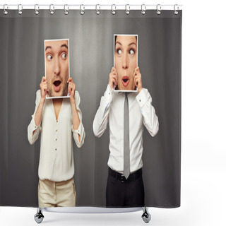 Personality  Man And Woman Holding Amazed Faces Shower Curtains