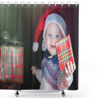 Personality  Christmas Baby Wearing A Santa Claus Hat Holding A Present Shower Curtains