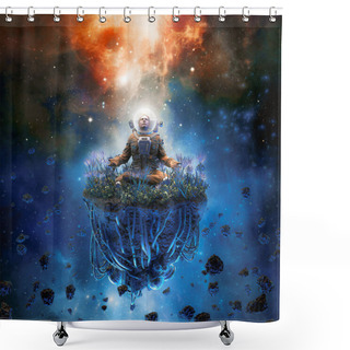 Personality  The Cosmic Gardener / 3D Illustration Of Surreal Science Fiction Scene With Meditating Astronaut On Artificial Asteroid Surrounded By Flowers Shower Curtains