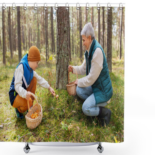 Personality  Grandmother And Grandson With Mushrooms In Forest Shower Curtains