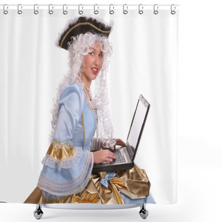 Personality  Woman In Ancient Dress With Laptop. Shower Curtains