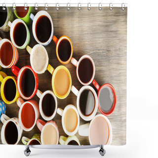 Personality  Many Cups Of Coffee On Wooden Table, Top View Shower Curtains