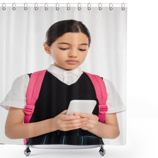 Personality  Digital Age, Schoolgirl With Backpack Using Smartphone Isolated On White, Student In Uniform Shower Curtains