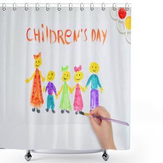 Personality  Top View Of Hand Of Child Drawing The Colorful Children With Brush By Watercolors With Words Children's Day On A White Paper. Shower Curtains