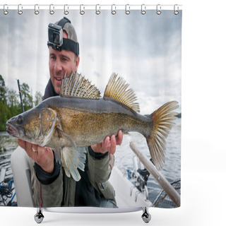 Personality  Happy Angler With Big Zander Fish Shower Curtains