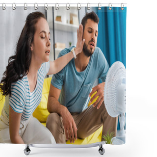 Personality  Selective Focus Of Young Woman Moving Away Boyfriend While Sitting Near Electric Fan  Shower Curtains