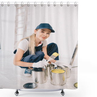 Personality  Beautiful Young Painter In Overalls And Cap Holding Paintbrush Near Can With Yellow Paint Shower Curtains