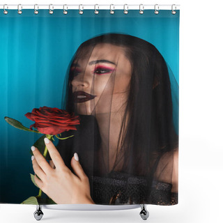 Personality  Evil Bride With Black Makeup Looking Away Through Veil And Holding Rose On Blue Shower Curtains